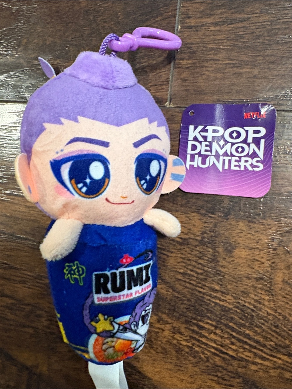 KPOP Demon Hunters Rumi Plush Toy in Ramen Cup Key Ring Purple- Netflix